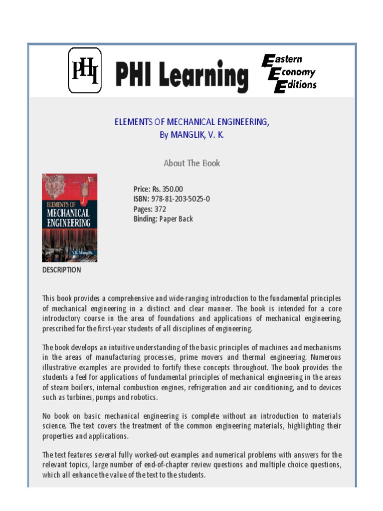 Elements of Mechanical Engineering by Manglik V K PDF | PDF