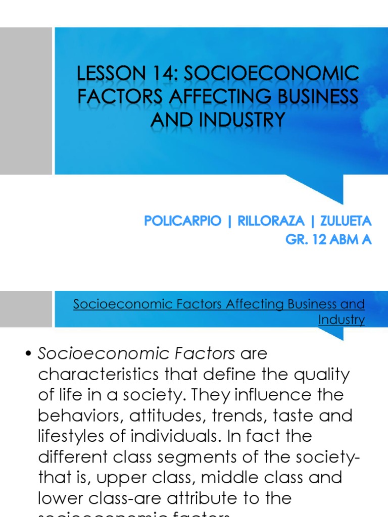 Lesson 14 Socioeconomic Factors Affecting Business and Industry