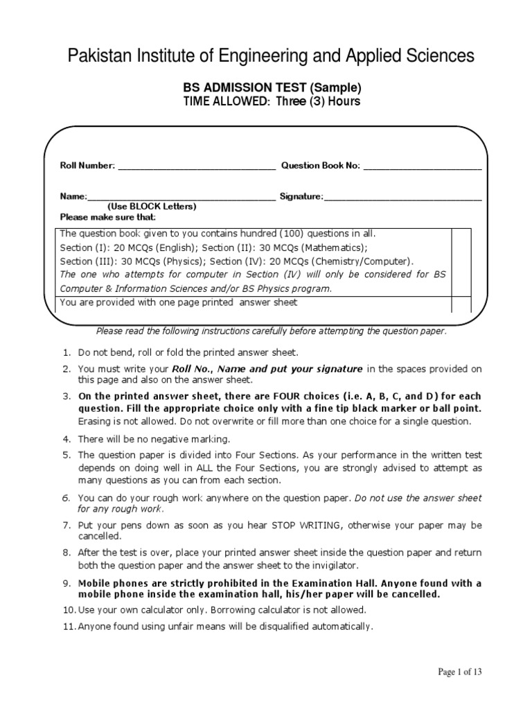 PIEAS BS Admission Test Sample Paper | PDF | Speed Of Light | Chemical ...