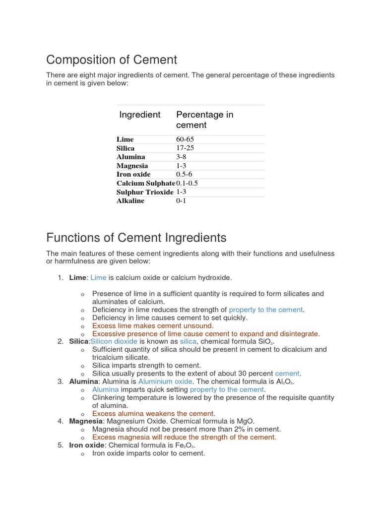 Composition of Cement Ingredient Percentage in Cement Download Free