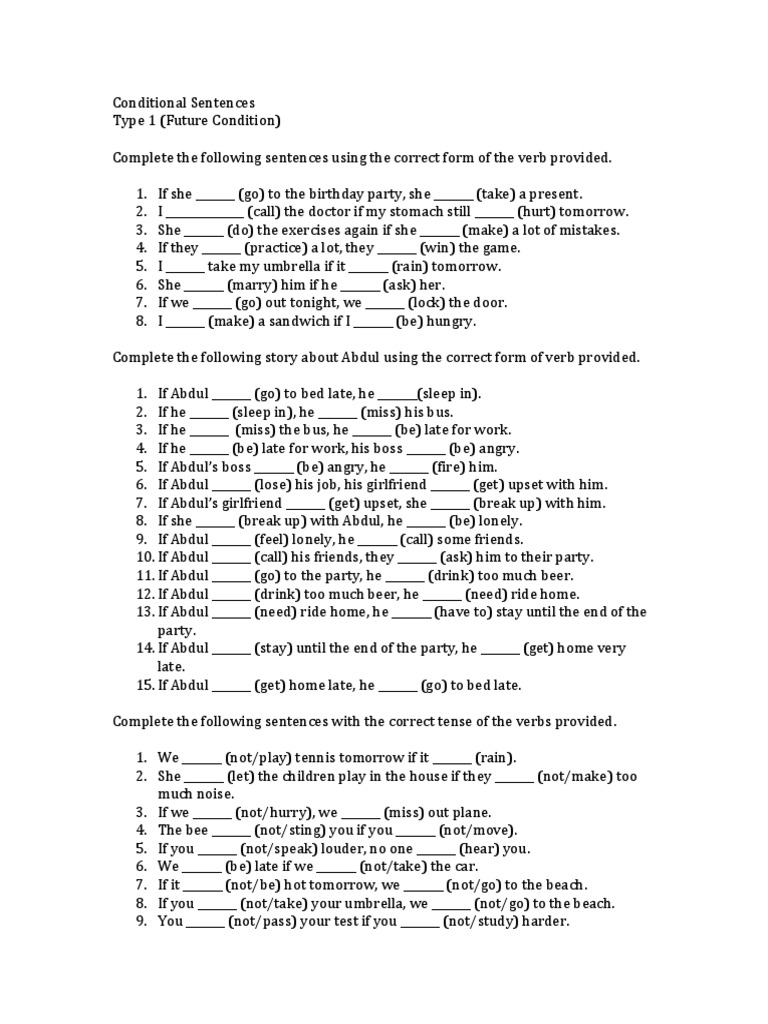 Type 1 Conditional Exercises Worksheet | PDF | Language Mechanics ...