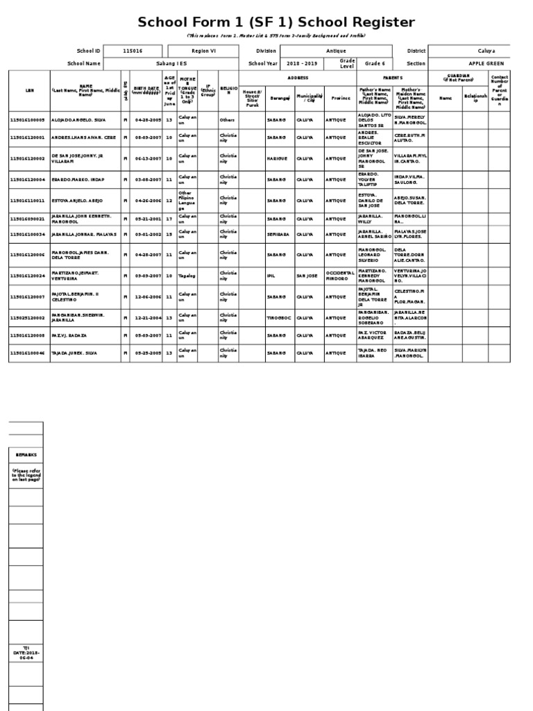 Grade 6 School Register 2018-2019 | PDF