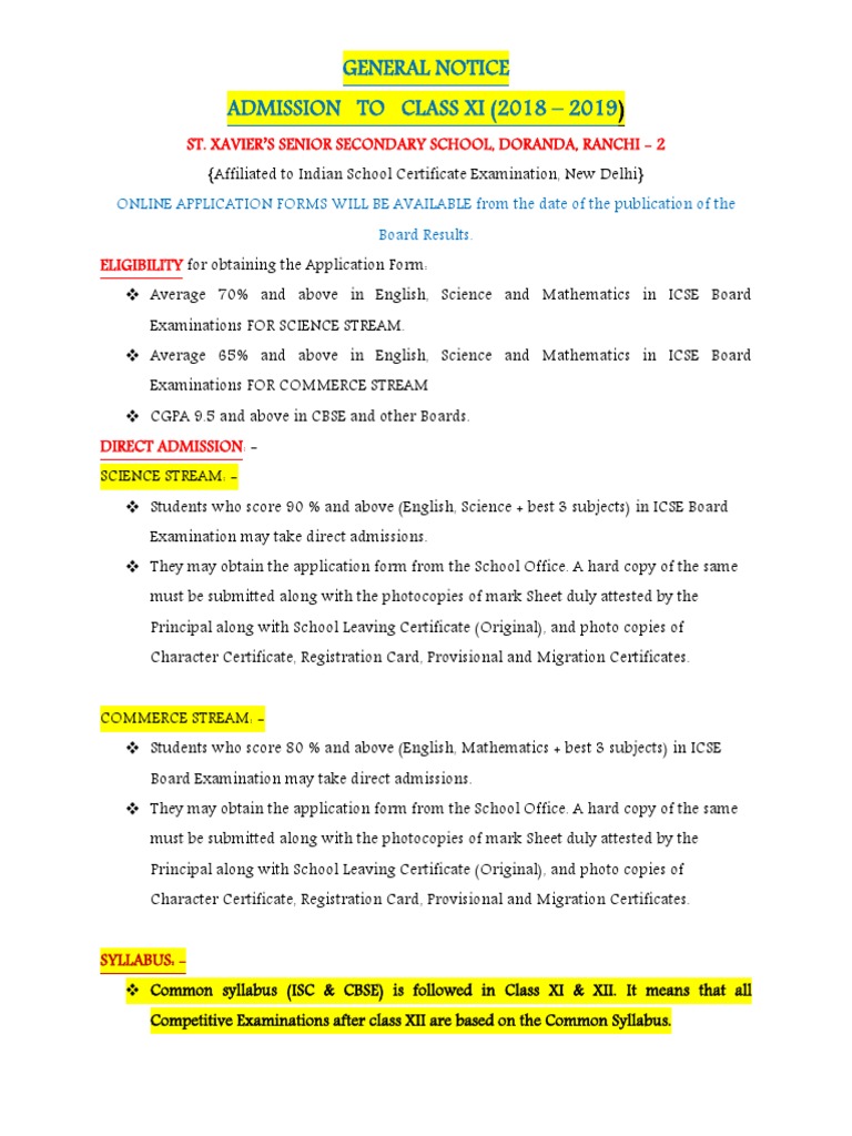 General Notice Admission To Class Xi (2018 - 2019 | PDF | University ...