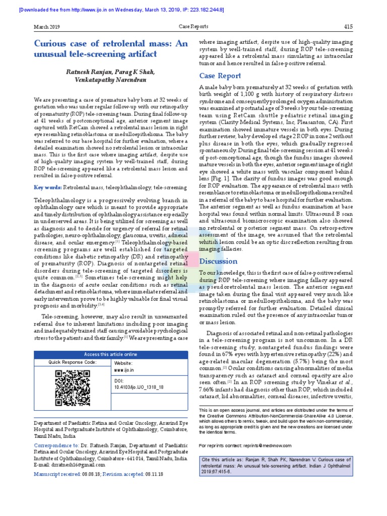 Retrolental Mass: Tele-Screening Artifact | PDF | Senses | Ophthalmology