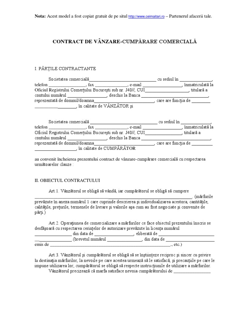 Contract De Vanzare Cumparare Comerciala