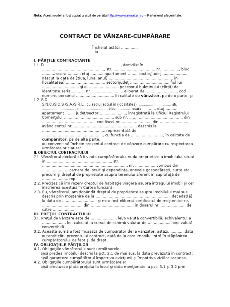 Contract De Vanzare Cumparare Imobil