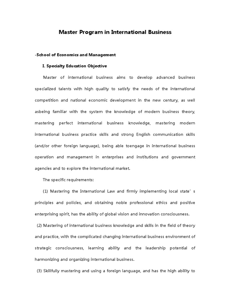 Master Program in International Business: - School of Economics and ...