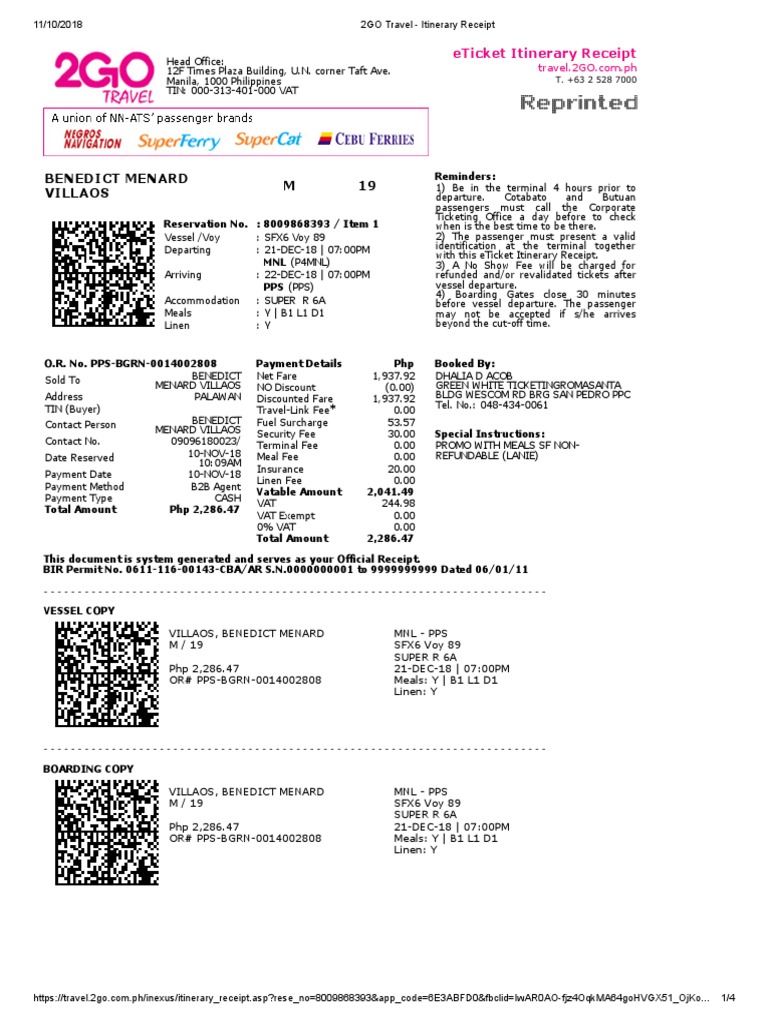 2GO Travel Itinerary Receipt Identity Document Ticket (Admission)