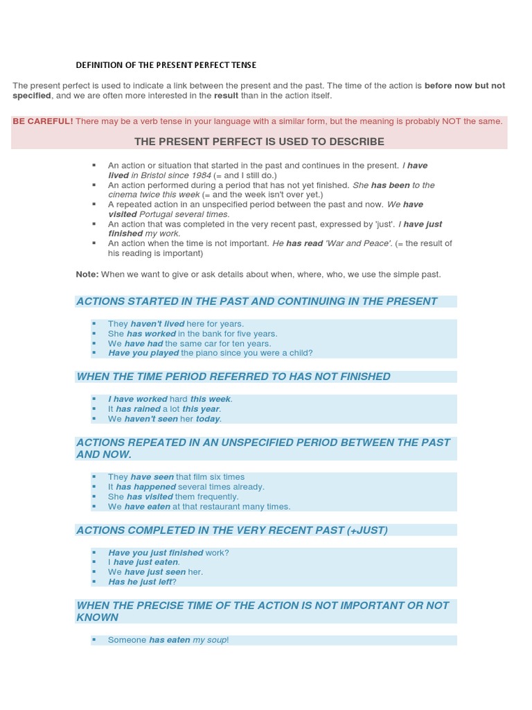 Definition Of The Present Perfect Tense Pdf Verb Perfect Grammar