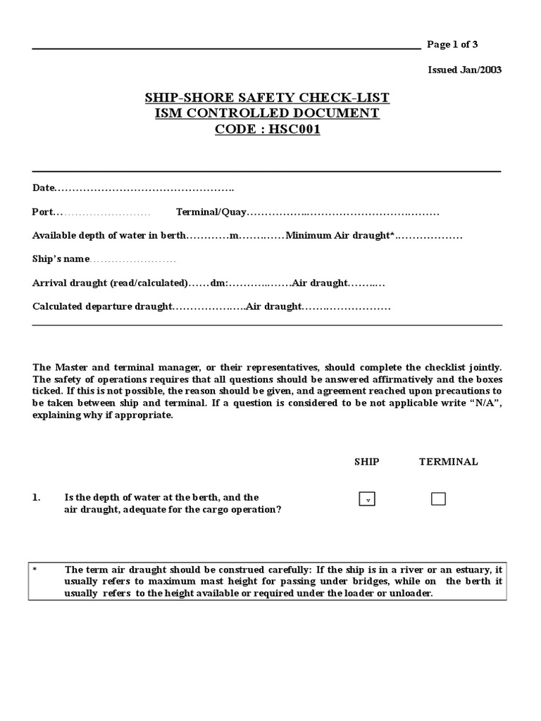 Ship Shore Safety Check List | PDF | Ships | Shipping