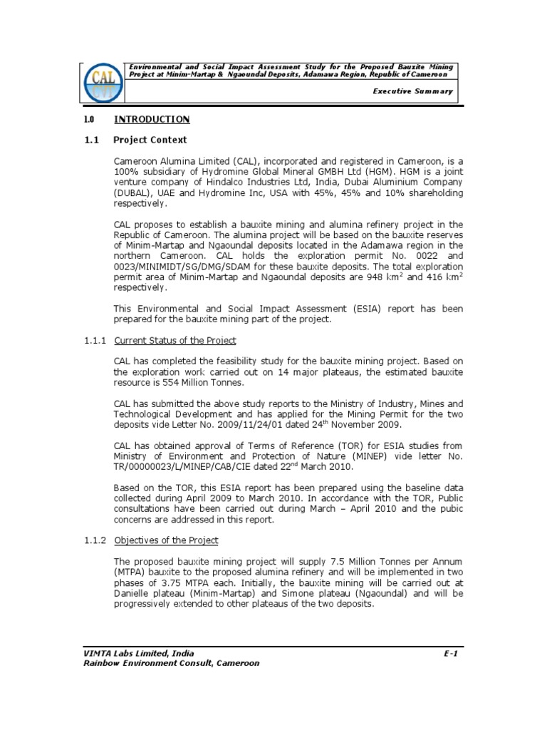 Bauxite Mining ESIA in Cameroon | PDF | Environmental Impact Assessment ...