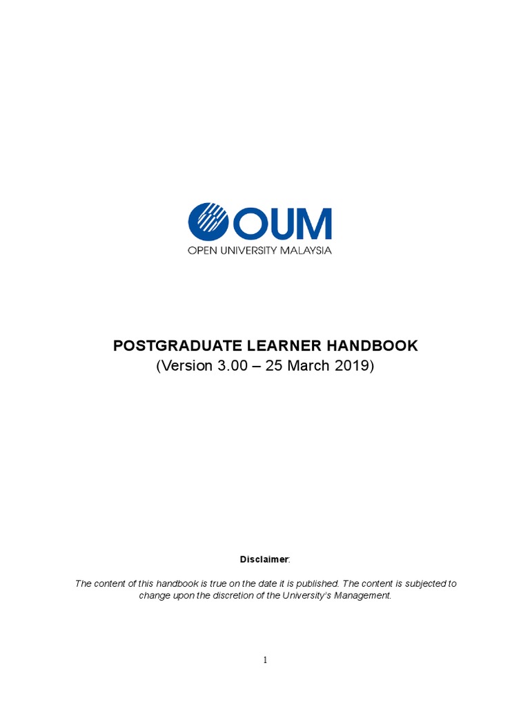 Student Handbook Postgraduate Open University Malaysia 25 March 2019 V3 00 Thesis Postgraduate Education