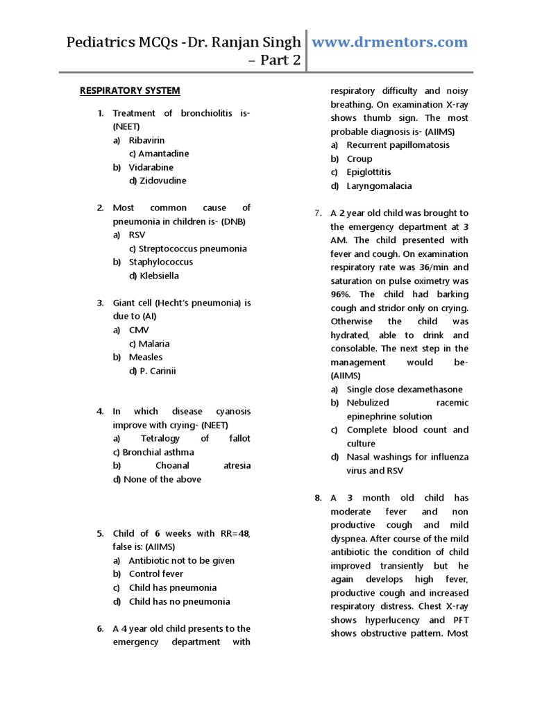 Pediatrics MCQs on Respiratory & GI Systems | PDF | Congenital Heart ...
