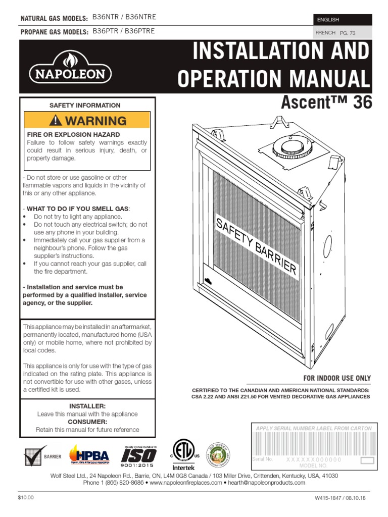 Napoleon B36 Ascent 36 Direct Vent Gas Fireplace Manual PDF PDF