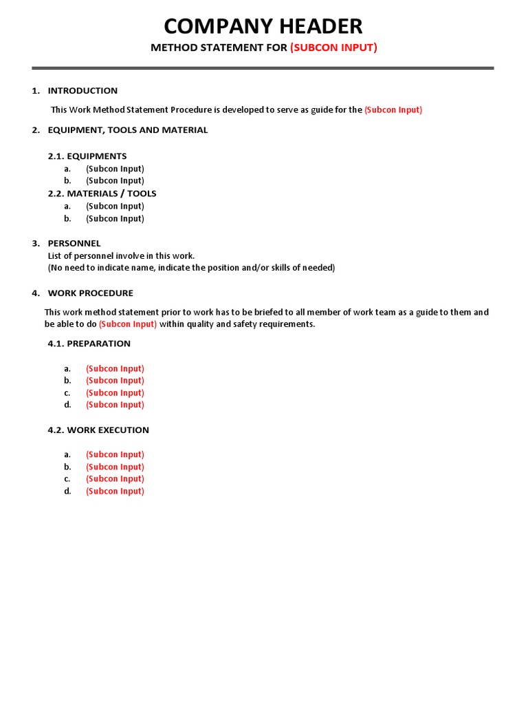 Method Statement Template for Subcontractors | PDF | Business | Computers