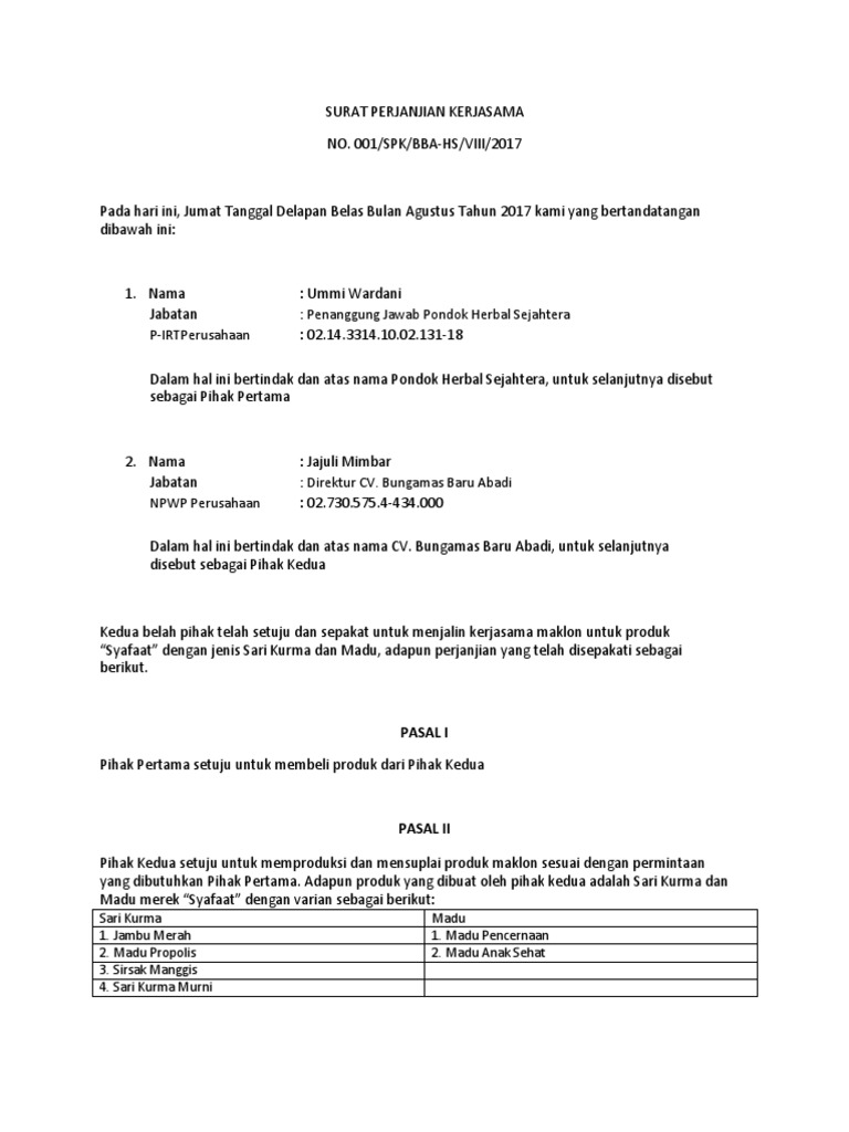 Surat Perjanjian Kerjasama | PDF