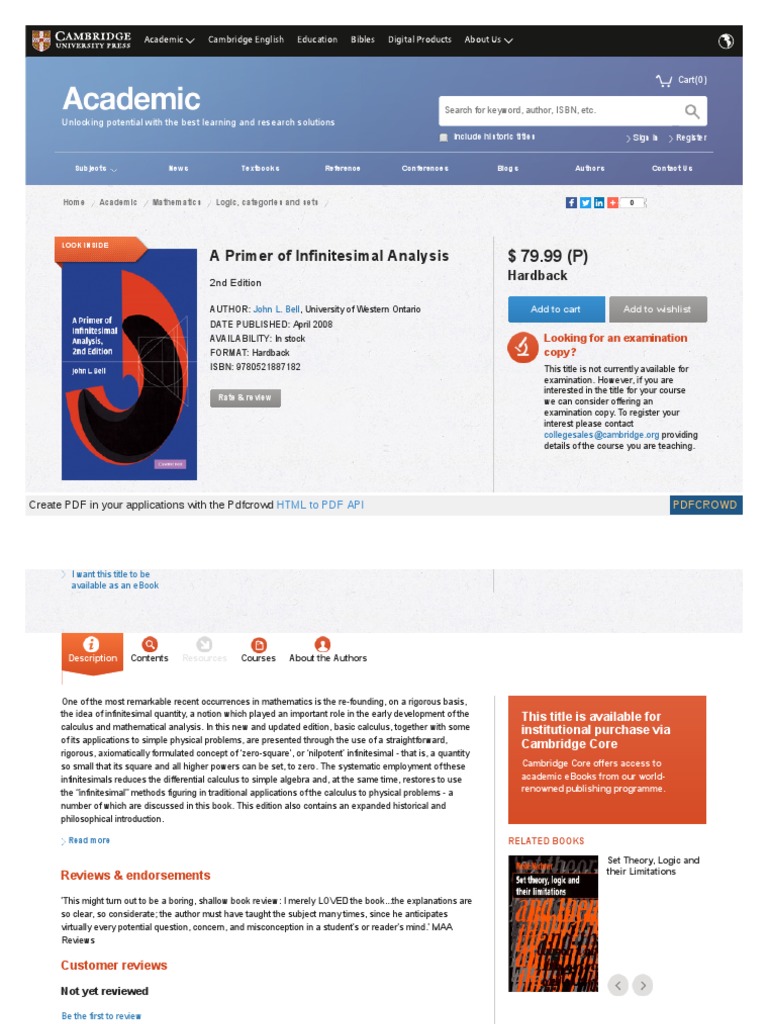 A Primer of Infinitesimal Analysis - Portada | PDF | Teaching
