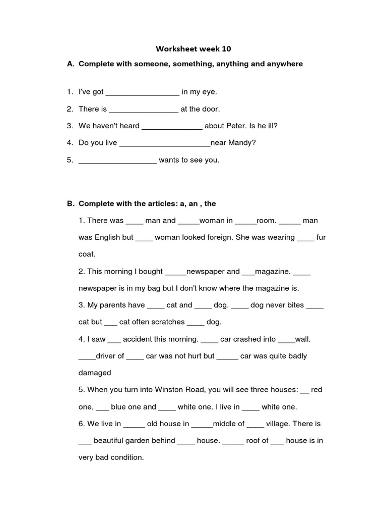 Worksheet Week 10: A. Complete With Someone, Something, Anything and ...