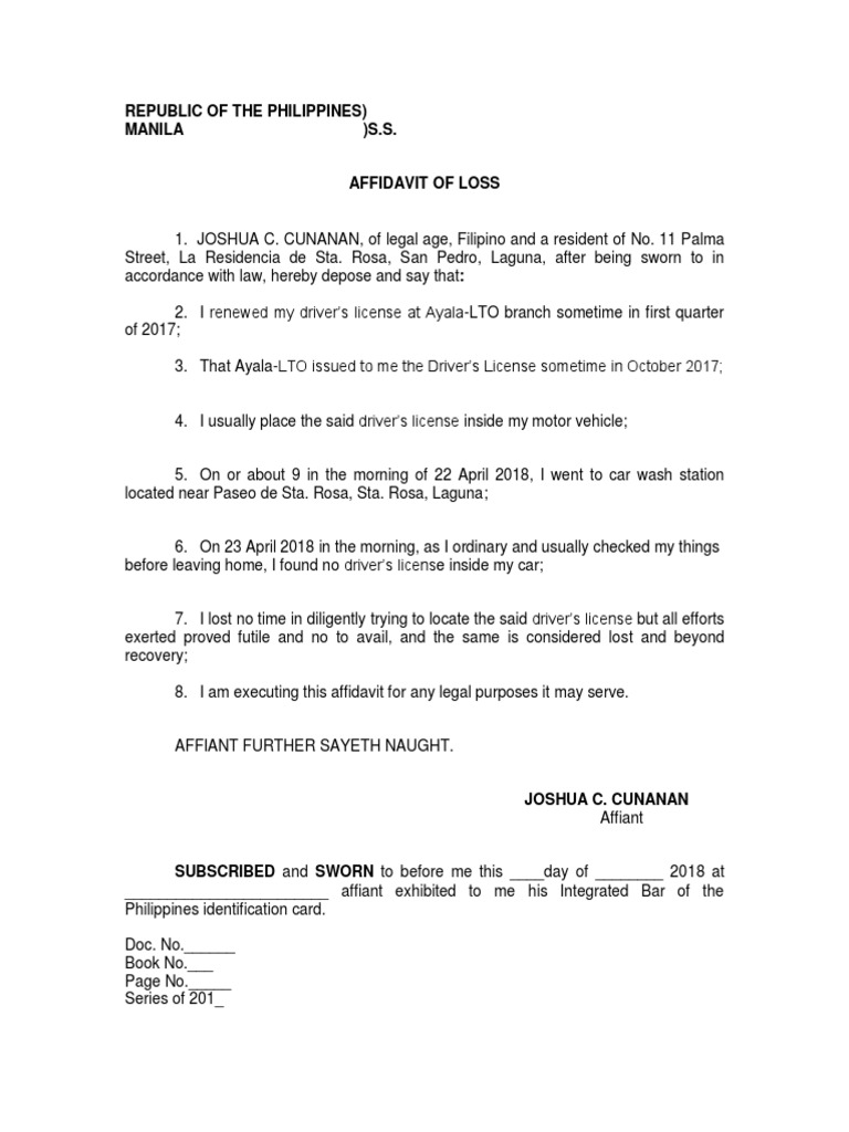 Affidavit of Loss Driver's License PDF Affidavit Land Transport