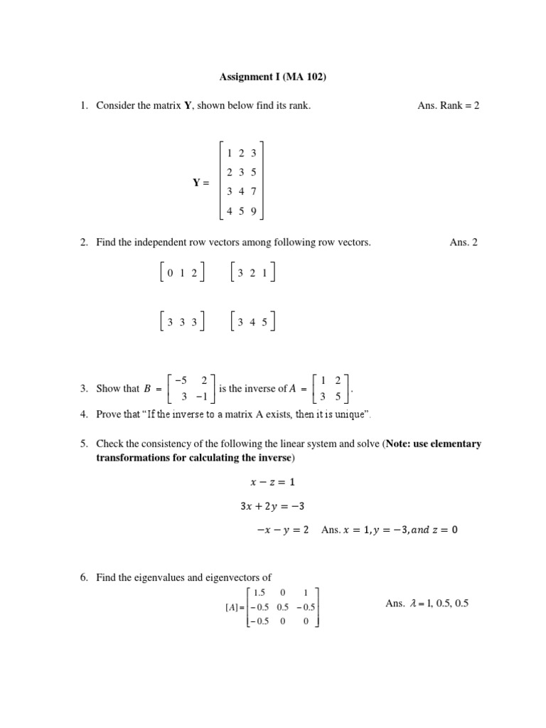 Assignment I MA 102 | PDF | Matrix (Mathematics) | Linear Algebra