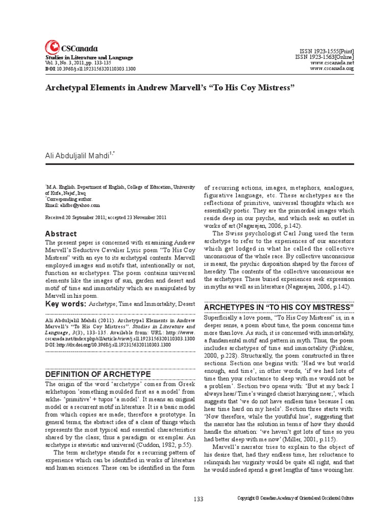 Andrew Marvell S To His Coy Mistress Mythological Approach Archetypal Elements In Pdf Archetype