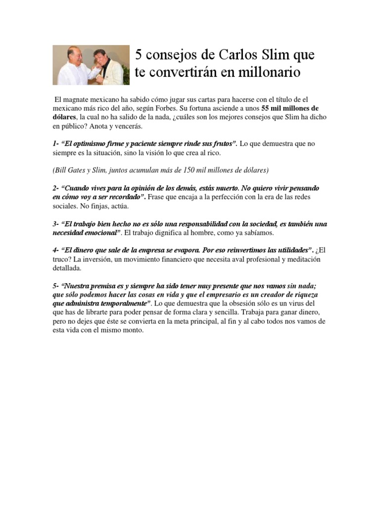 Consejos de Slim para ser millonario | PDF | Negocios