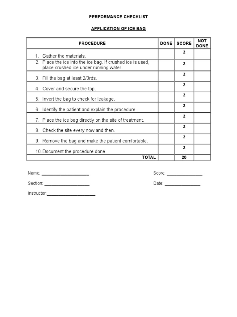 Performance Checklist Application of Ice Bag NOT Done PDF