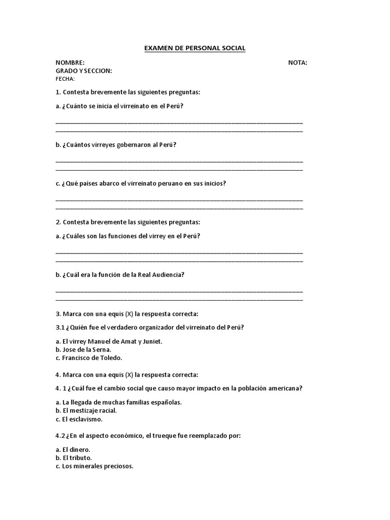 Examen de Personal Social | PDF | Colonización de las Americas | Perú