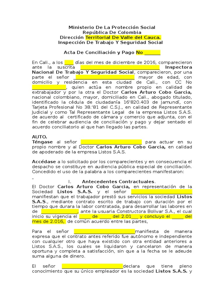 Modelo De Acta De Conciliacion Ante Ministerio Del Trabajo Salario Res Judicata