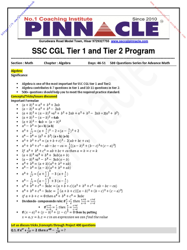 SSC CGL Tier 1 and Tier 2 Program: Section: Math Chapter: Algebra Days ...