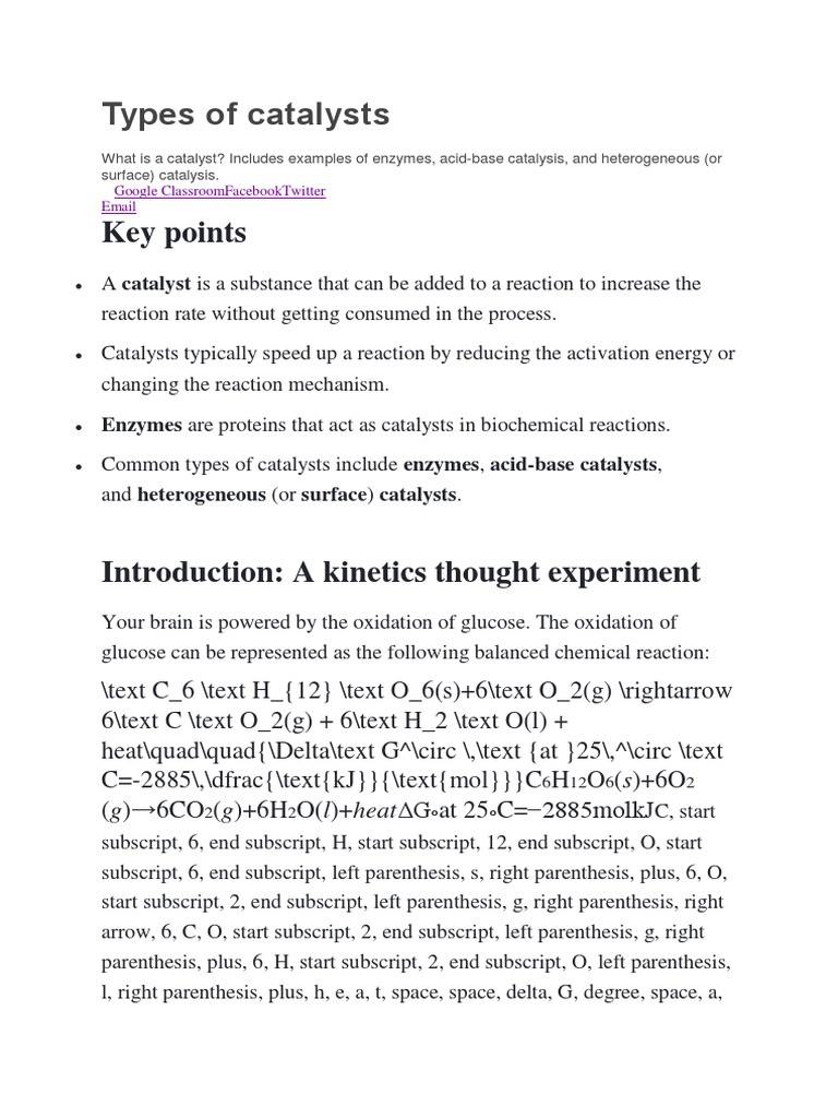 Types of Catalysts Key Points PDF Catalysis Sucrose