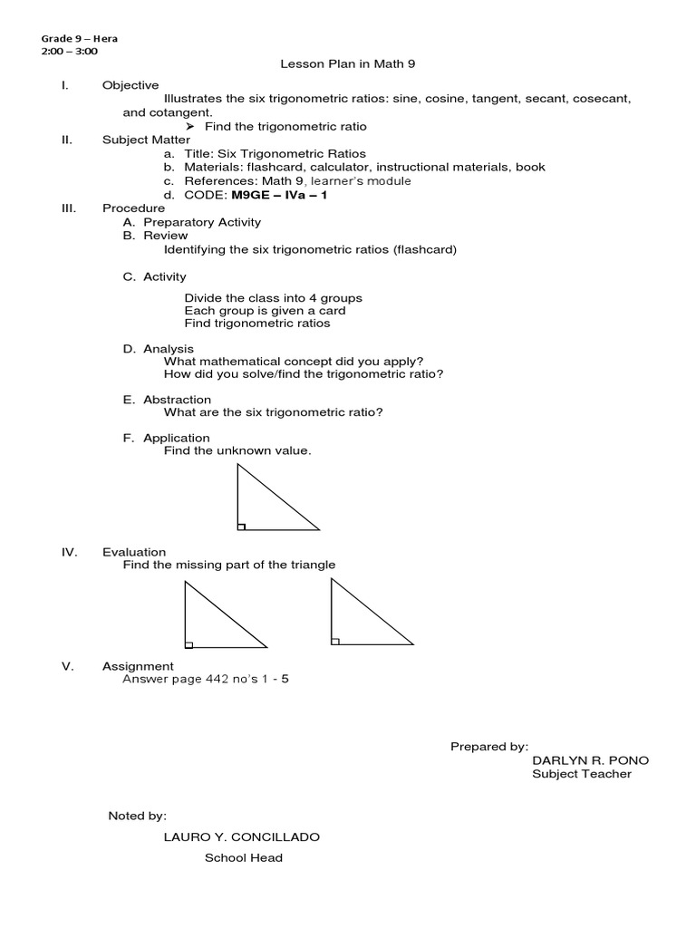 Grade 9 Math: Trigonometric Ratios Lesson | PDF