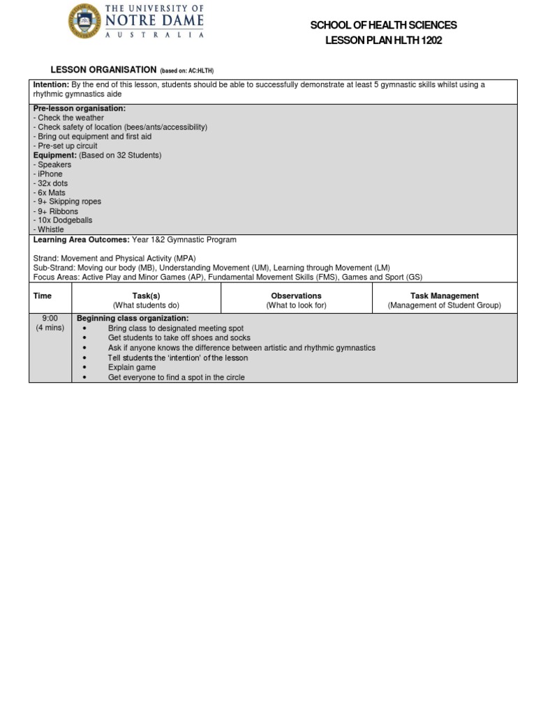 Year 1 2 - Gymnastics Lesson | PDF | Gymnastics | Teachers