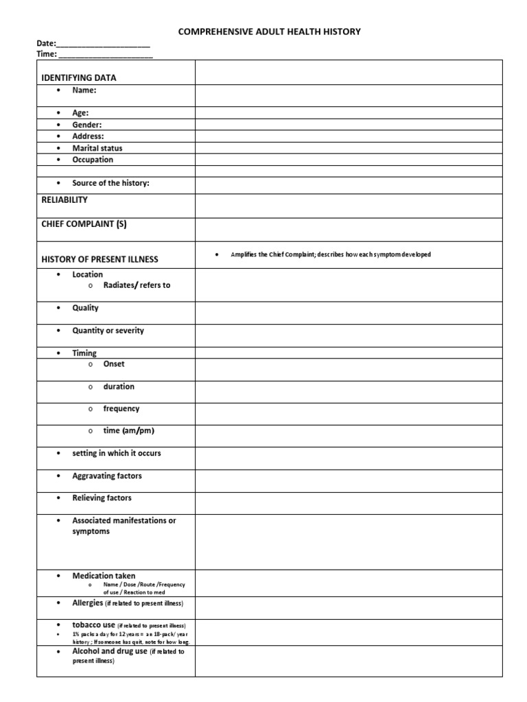 Comprehensive Adult Health History Form | PDF | Menstruation | Urinary ...