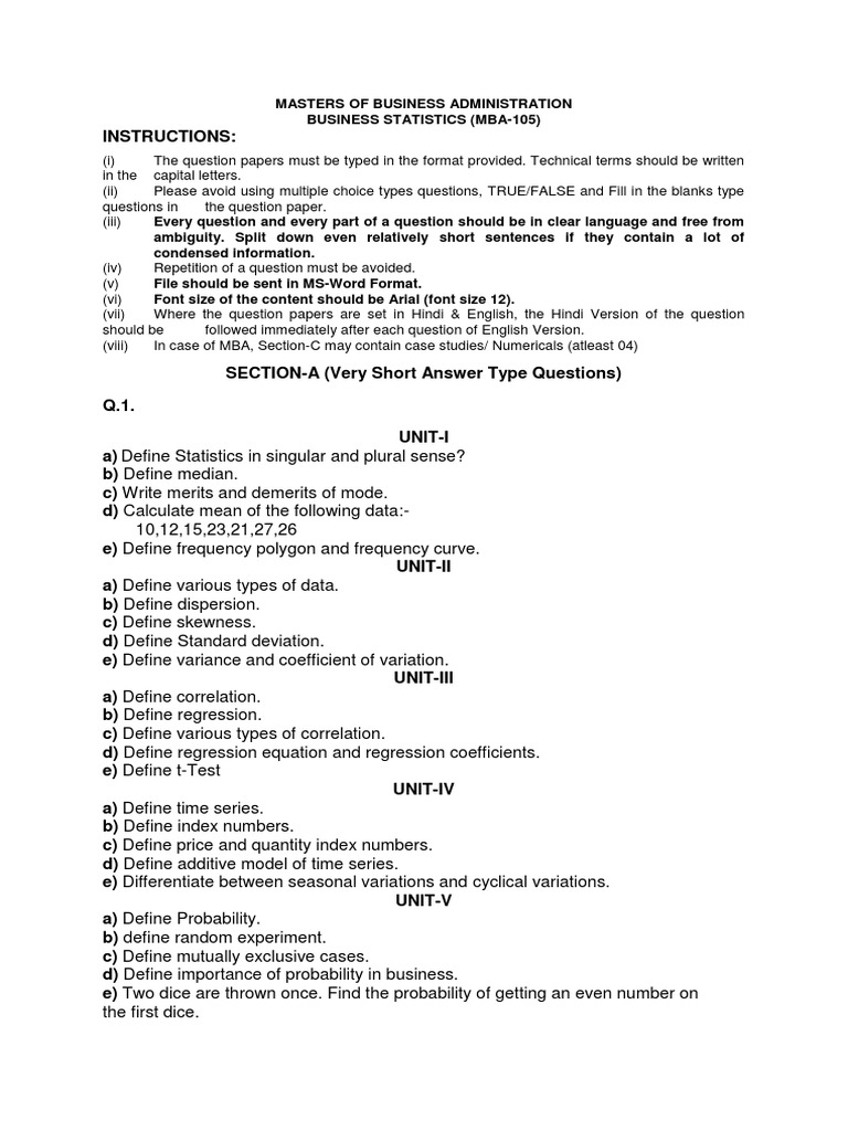 MBA Business Statistics Question Paper | PDF | Correlation And ...