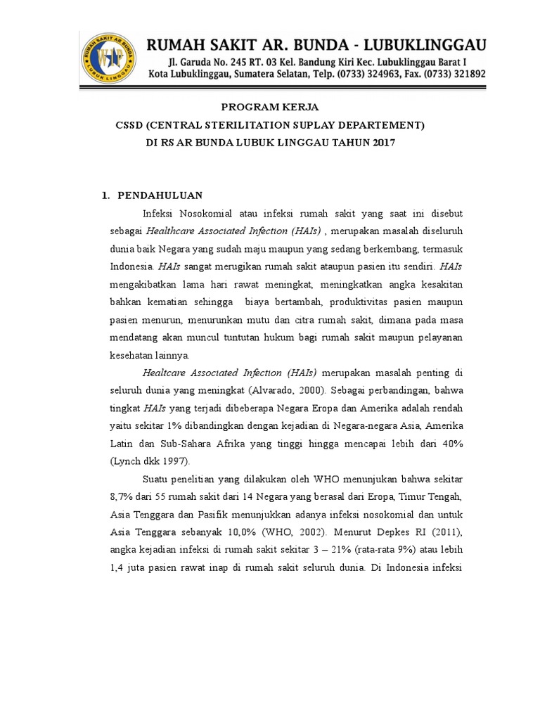 Program Kerja CSSD RS Bunda 2017 | PDF