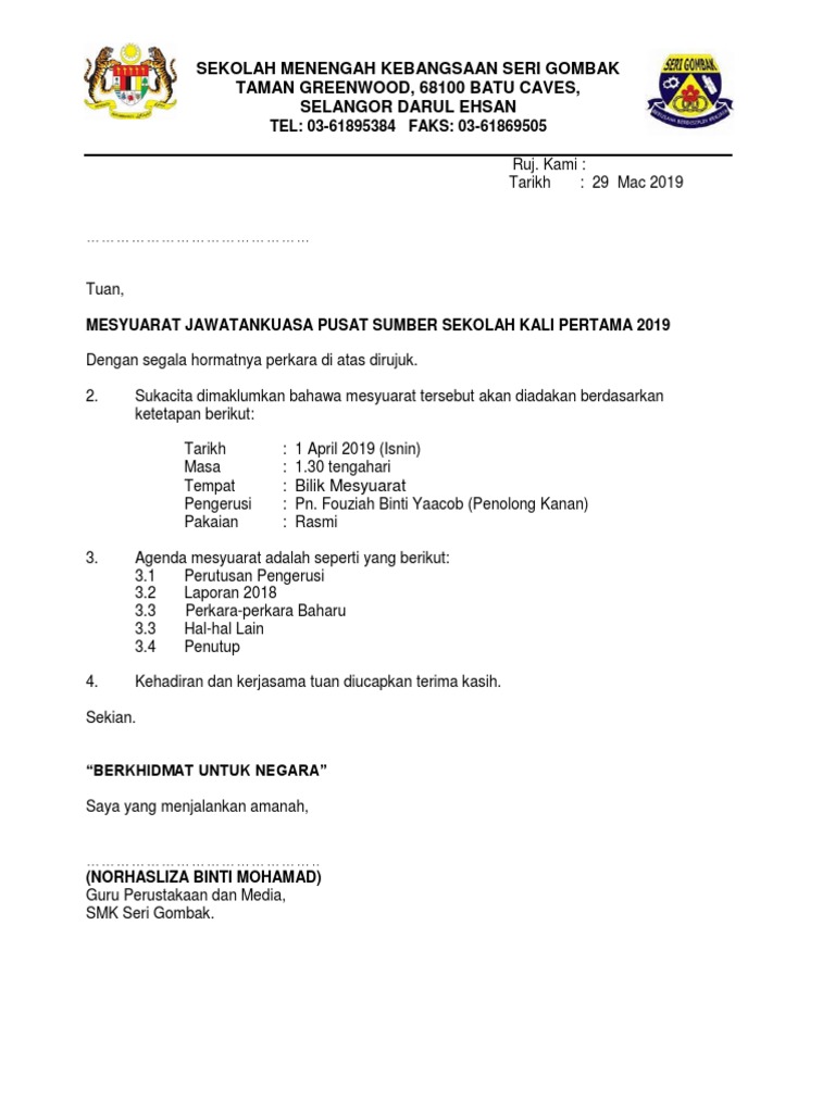Surat Panggilan Mesyuarat Pss Kali Pertama 2019 Pdf