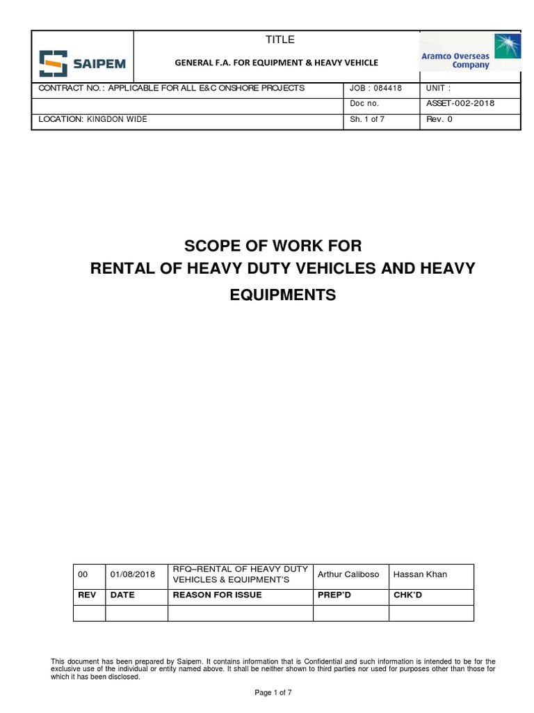 Sow Rental of HV Vehicles and Heavy Equipments Download Free PDF