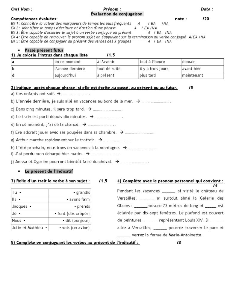 Evaluation Présent De L indicatif Cm2 à Imprimer Evaluation Présent CM1 | PDF | Château de Versailles | Verbe
