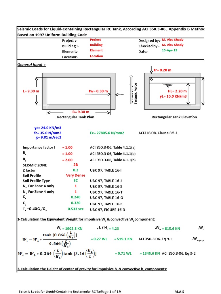 ACI 350.3 Seismic Design of Rectangular RC Tanks (With Walls Considered