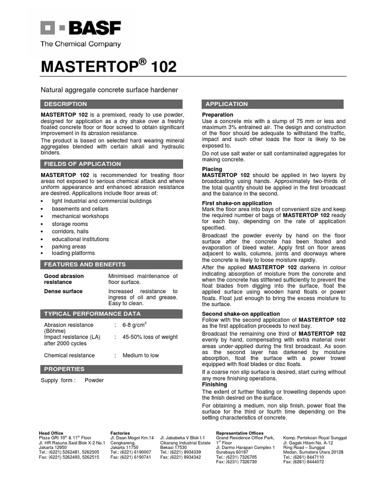 Mastertop 102: Natural Aggregate Concrete Surface Hardener | PDF ...