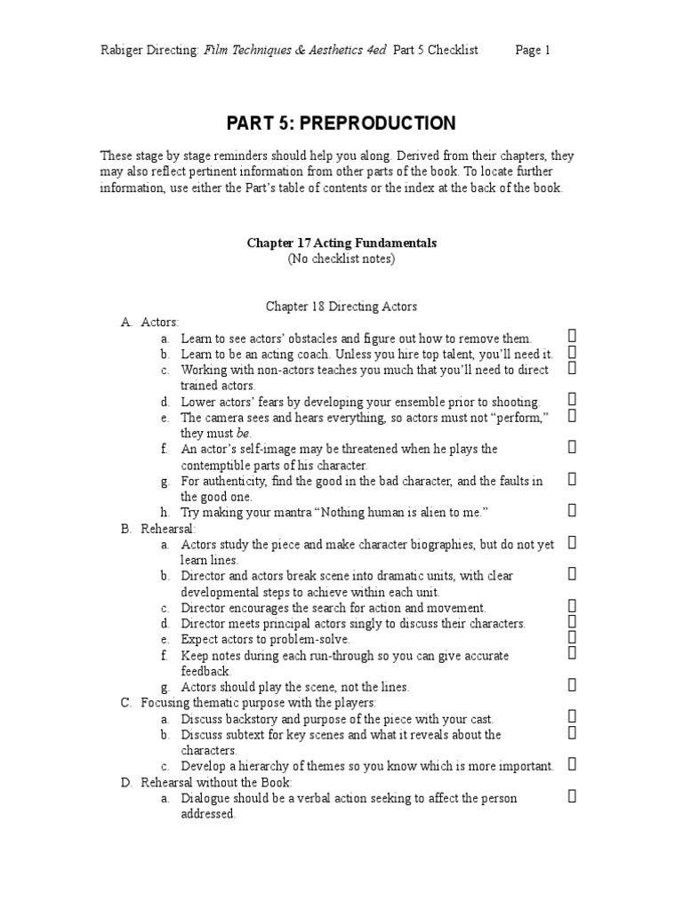 Preproduction Checklist for Film Directing | PDF | Audition | Actor