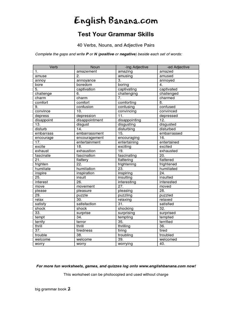 Test Your Grammar Skills 40 Verbs, Nouns, and Adjective Pairs PDF