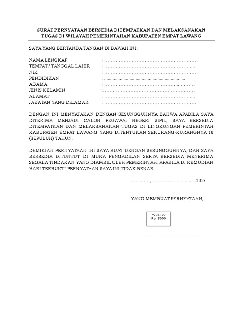 Surat Pernyataan Bersedia Ditempatkan Dan Melaksanakan Tugas