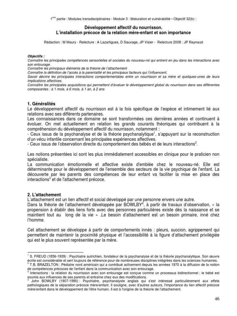 Developpement Affectif Du Nourrisson Pdf Nourrisson Sciences Comportementales