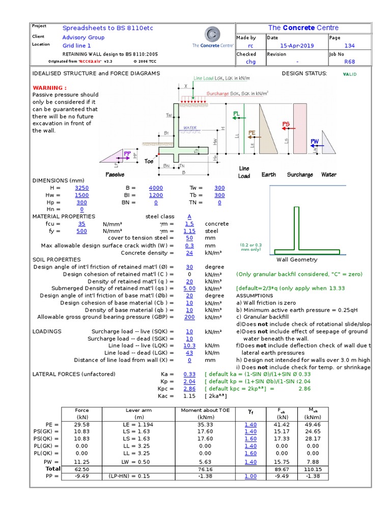Retaining Wall Structural Calculations | PDF | Microsoft Excel ...