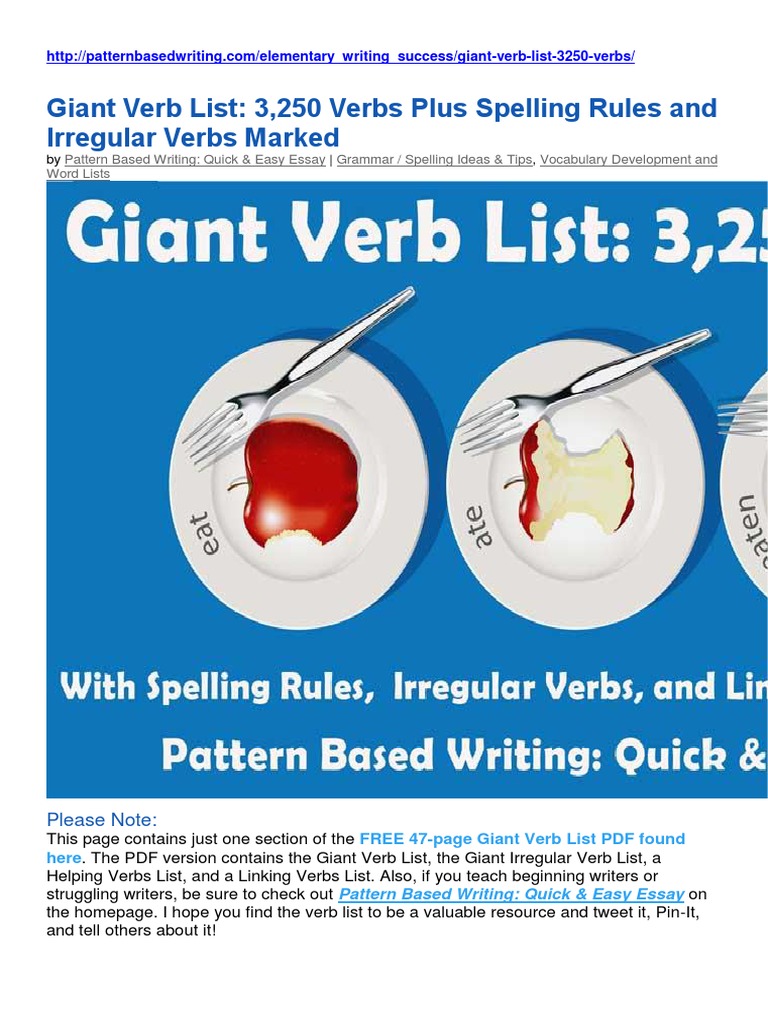 Giant Verb List 3,250 Verbs Plus Spelling Rules and Irregular Verbs