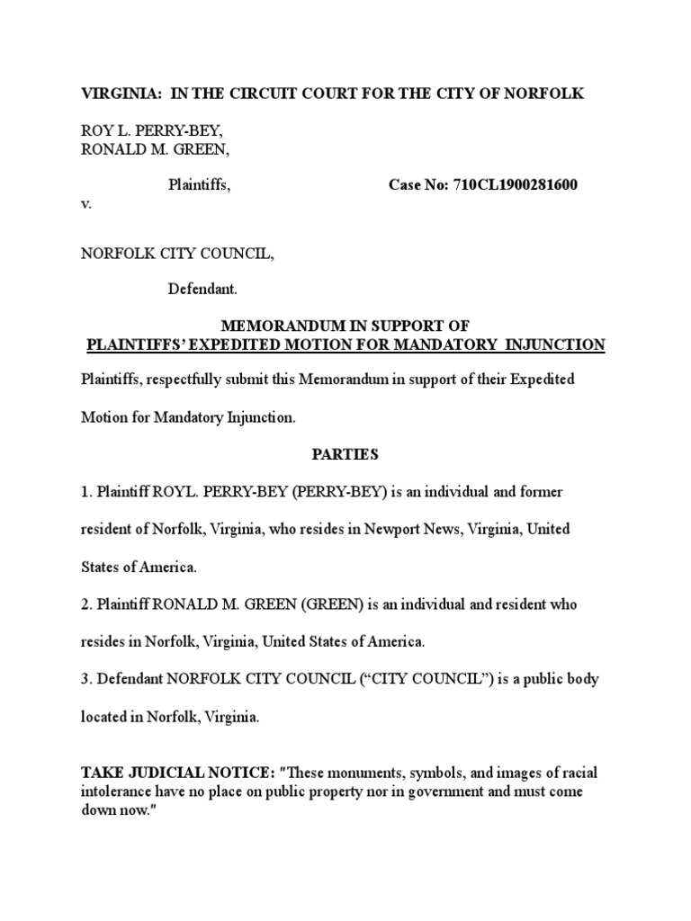 Norfolk Circuit Court Preliminary Injunction March 22, 2019 | PDF ...