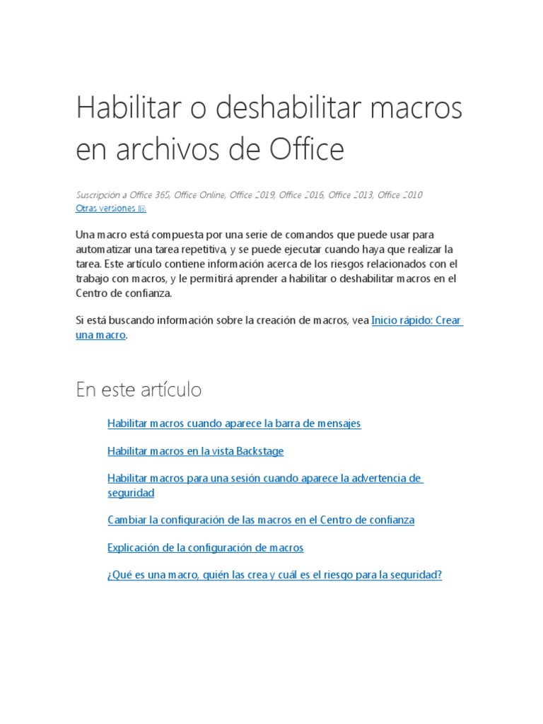 Habilitar o Deshabilitar Macros en Archivos de Office | PDF | Macro  (informática) | Visual Basic para Aplicaciones