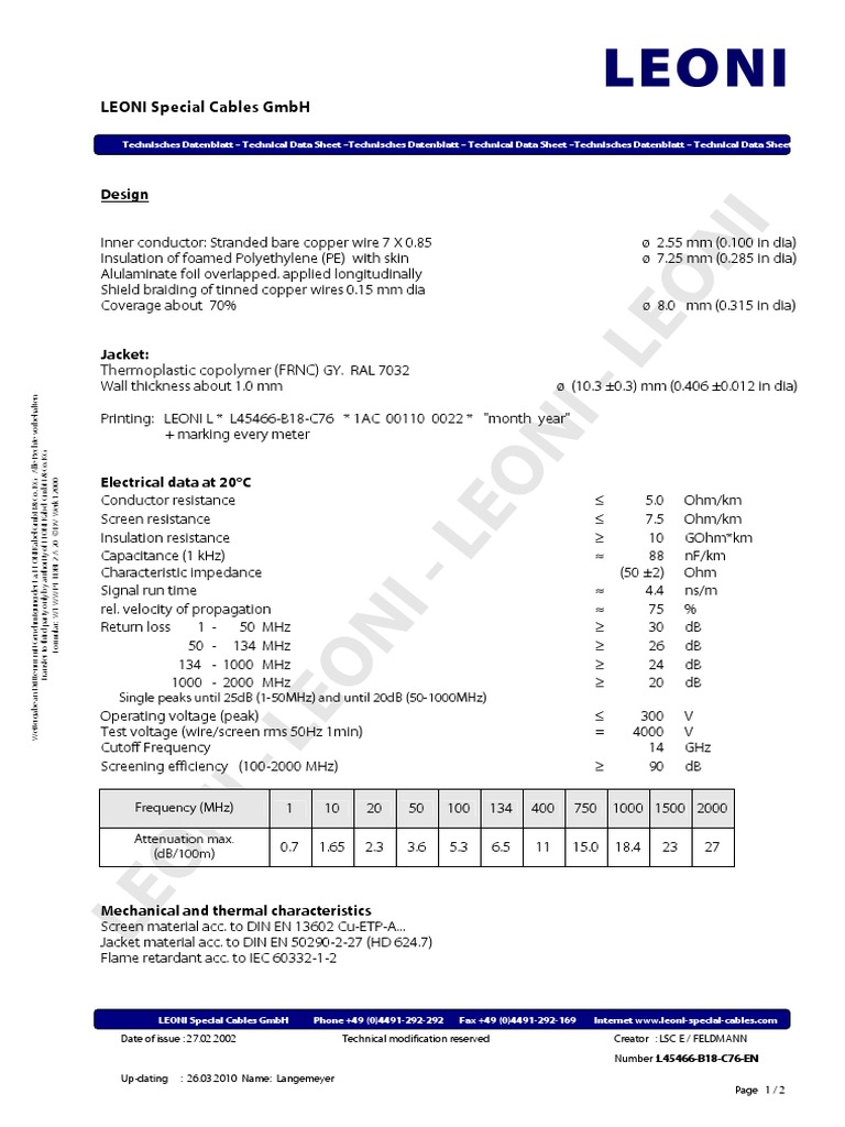 Leoni Cable Technical Data Sheet | PDF | Coaxial Cable | Electromagnetism